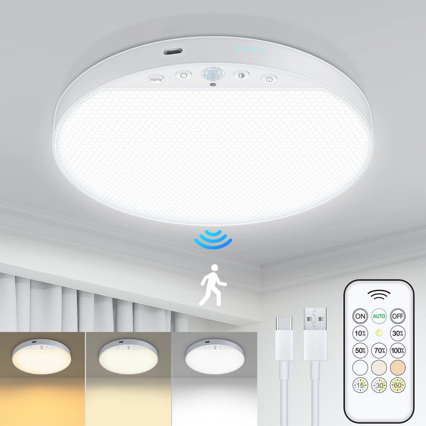 WILLED 8W Rechargeable Motion Sensor Ceiling Light with Remote 5000mAh battery Magnetic LED for Shower Garage Hallway Closet